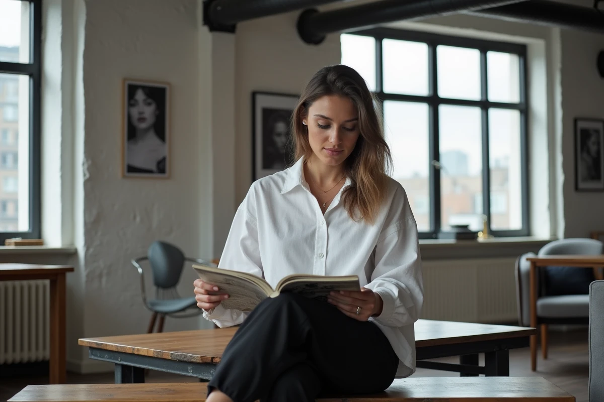 Femme lisant dans un salon loft industriel noir et blanc avec fenêtres en acier et photographies encadrées