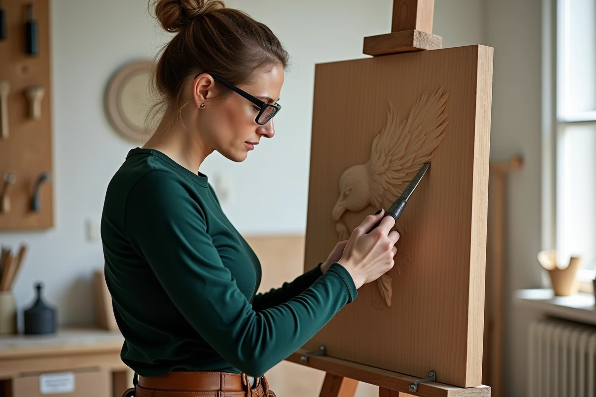 Femme sculptrice utilisant une gouge en V pour détailler un relief en bois représentant un oiseau