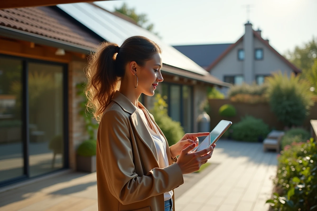 Jeune femme utilisant une tablette dans un jardin écologique