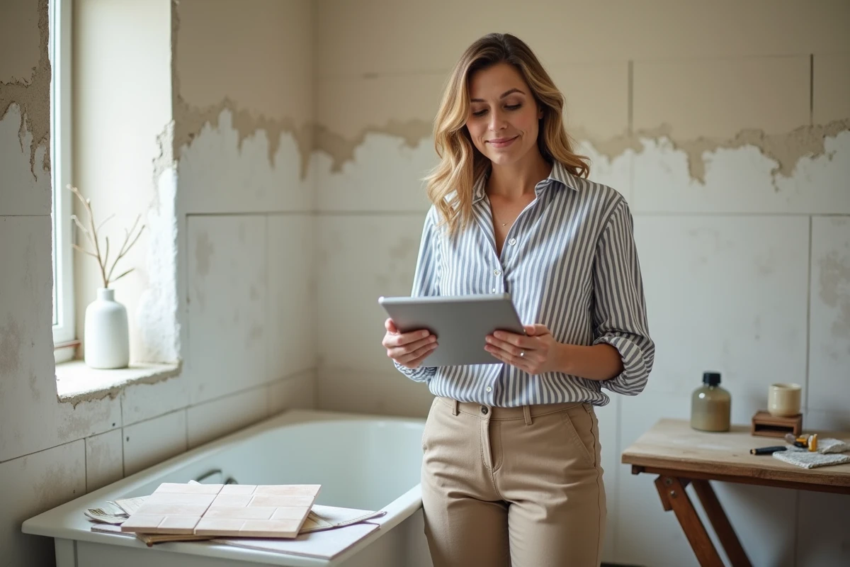 Une femme consulte un site de planification de travaux sur une tablette dans une salle de bain en cours de rénovation