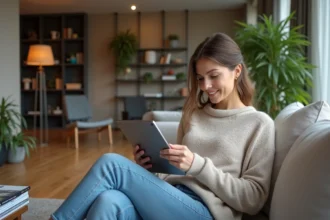 Femme dans son salon moderne utilisant une tablette
