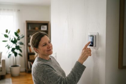 Femme d'âge moyen touchant un thermostat digital dans un salon moderne