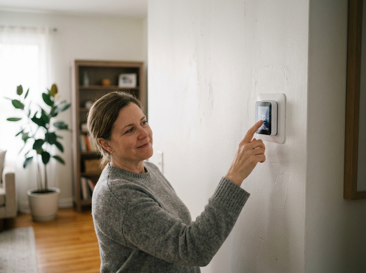 Femme d'âge moyen touchant un thermostat digital dans un salon moderne