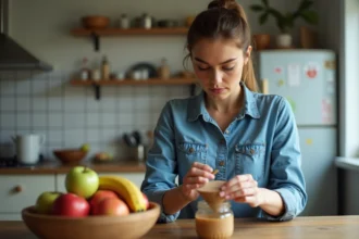 Femme posant une trappe à mouche maison près des fruits