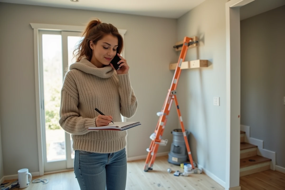 Jeune femme parlant au téléphone dans un espace en rénovation