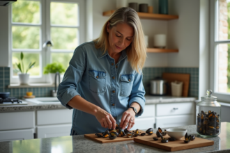 Femme d'âge moyen triant des moules vides dans la cuisine