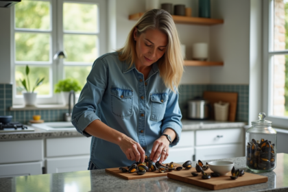 Femme d'âge moyen triant des moules vides dans la cuisine