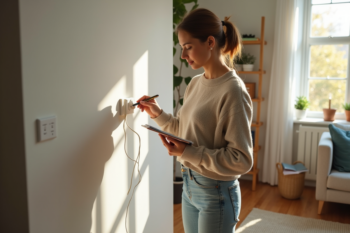 Jeune femme vérifie une prise électrique dans son salon lumineux