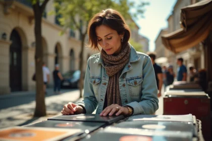 Femme examinant des disques vinyles vintage à Montpellier