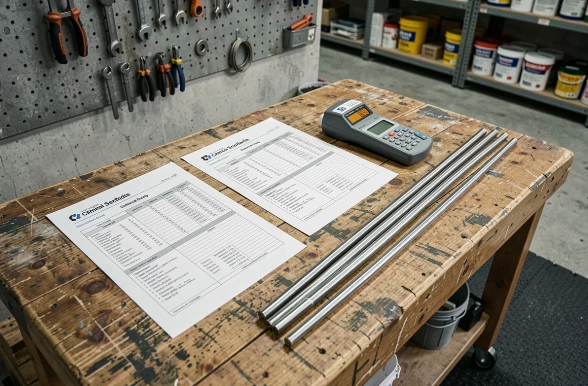 Fiche technique de scellement chimique, tiges filetées et minuterie sur établi d'atelier de construction