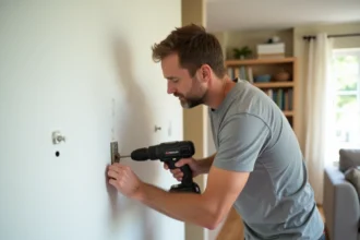 Homme fixant un book stacker au mur en perçant une cheville dans du plâtre peint en blanc dans un salon moderne