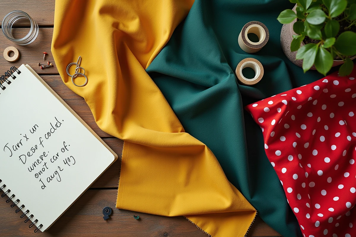 Flat lay de tissus coton enduits colorés avec accessoires de couture sur une table en bois rustique