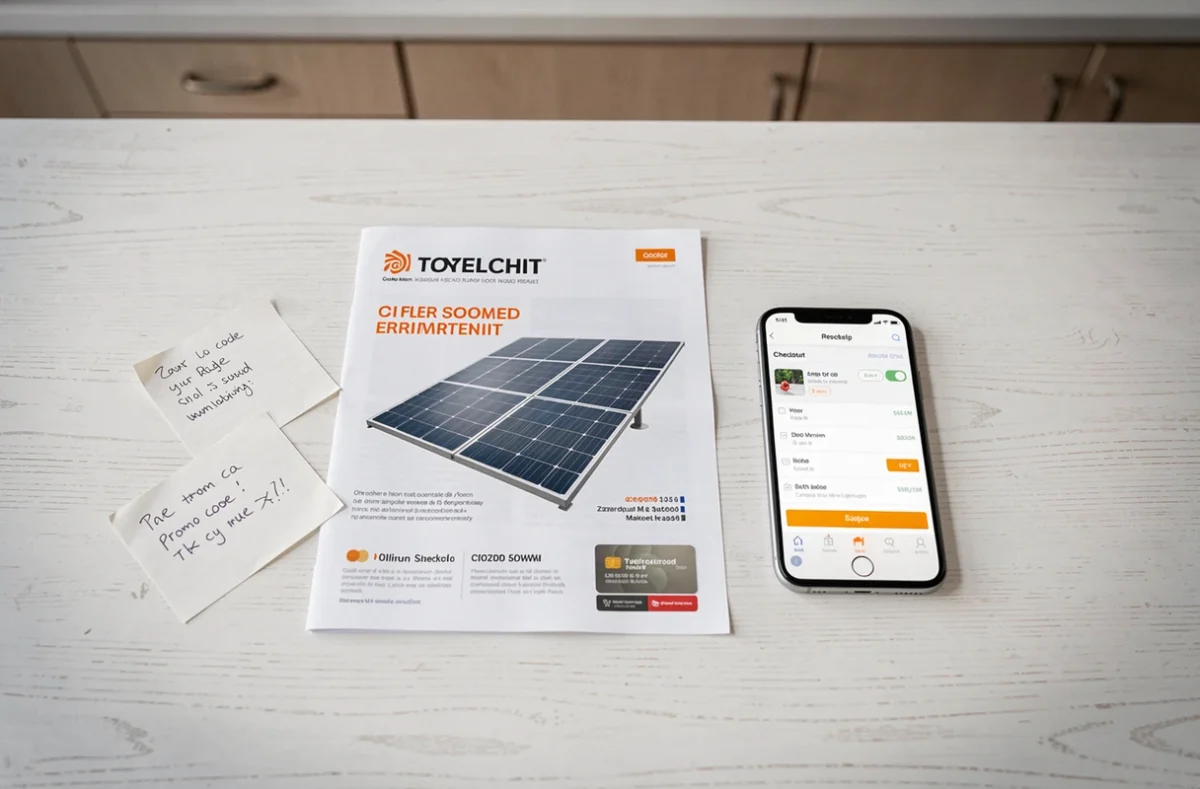 Vue de dessus d'un bon de réduction pour kit solaire, smartphone avec panier en ligne et brochure sur une table blanche