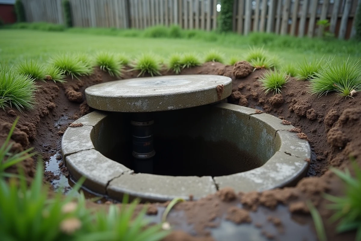 Fosse septique saturée ouverte sur un terrain de maison de location en zone rurale, montrant les tuyaux de drainage