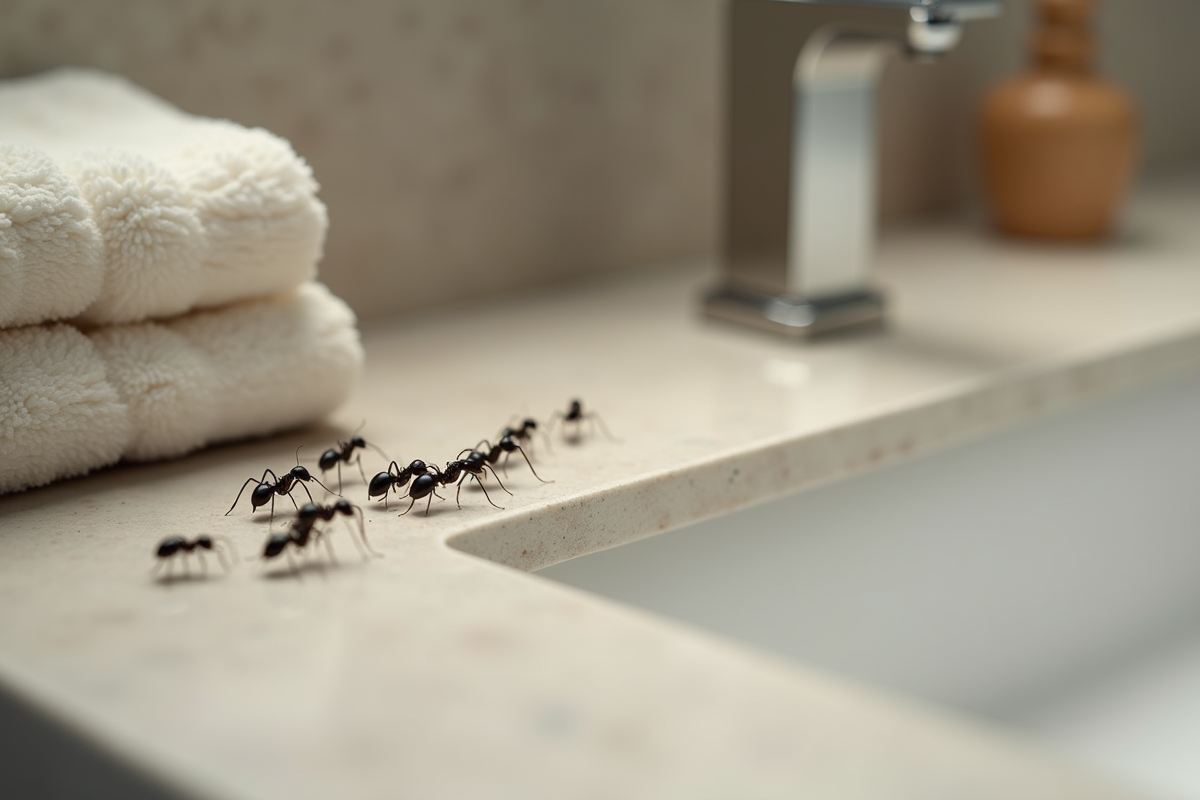 Gros plan sur des fourmis sur le rebord du lavabo