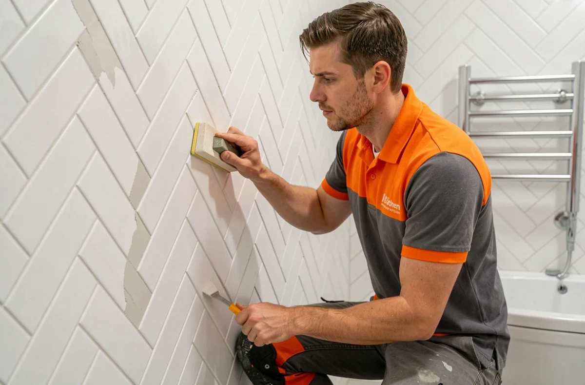 Carreleur appliquant les joints sur un carrelage mural en chevrons dans une salle de bain à Hoenheim