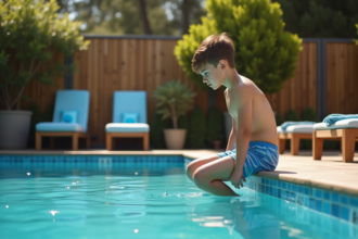 Jeune garçon assis au bord de la piscine extérieure