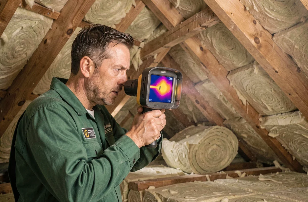 Spécialiste GC2E inspectant une isolation de combles avec une caméra thermique dans un grenier aménagé