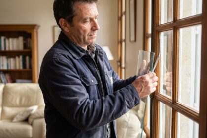 Photo hyperrealiste d'un vitrier à Bordeaux en train de poser une vitre