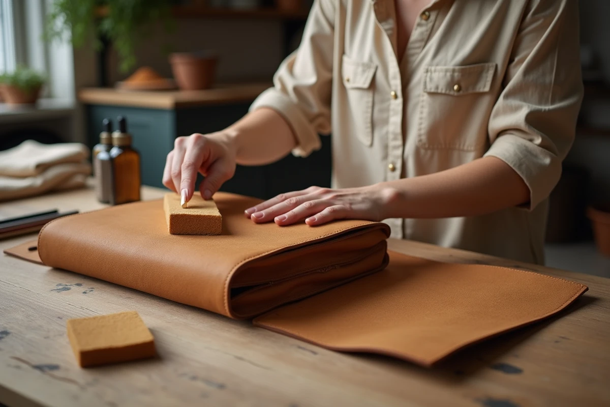 Femme utilisant une gomme à nubuck pour nettoyer un sac en cuir délicat sur une table en bois