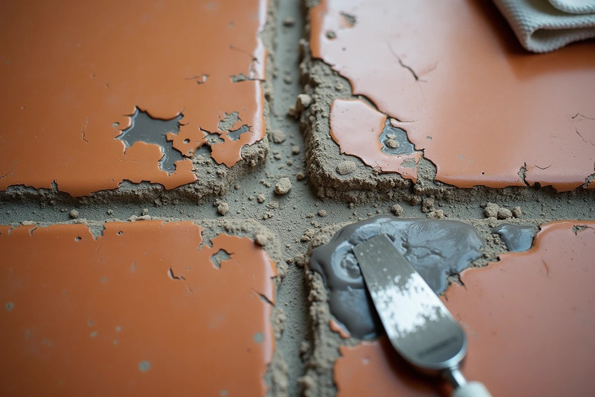 Gros plan sur un joint époxy foncé appliqué sur un ancien joint de carrelage en terre cuite détérioré, montrant le contraste entre l'ancien et le nouveau matériau