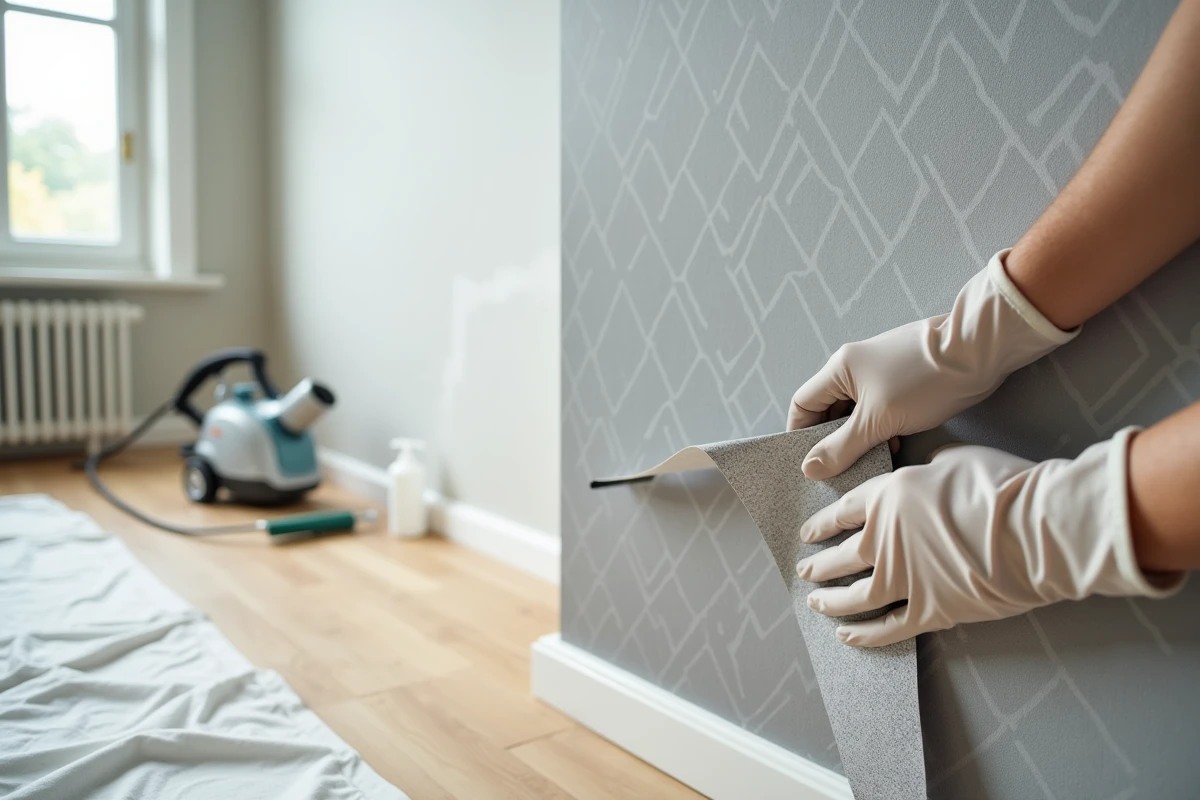 Gros plan de mains gantées décollant du papier peint géométrique pour révéler un mur blanc propre