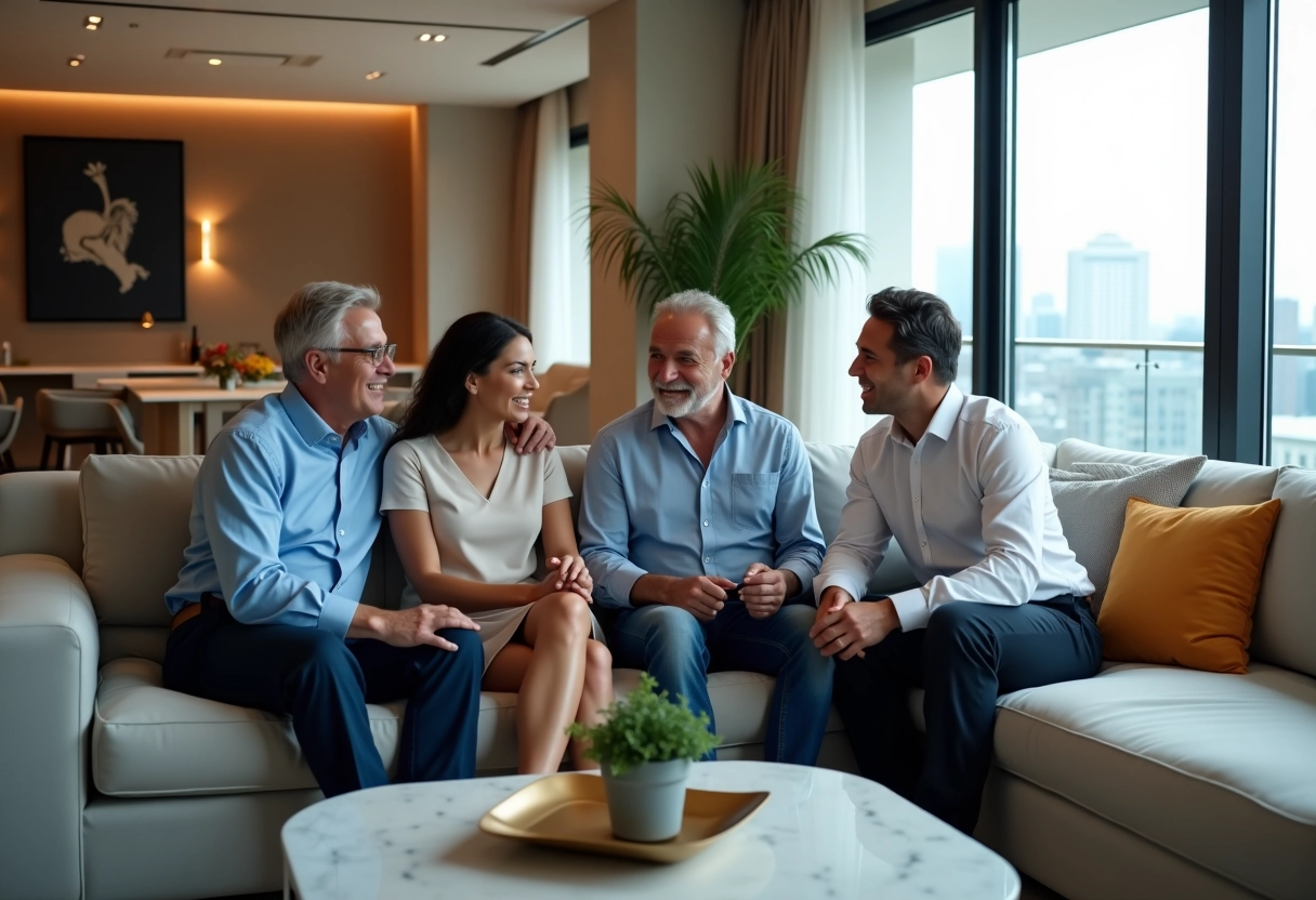 Groupe de trois personnes discutant sur un canapé moderne