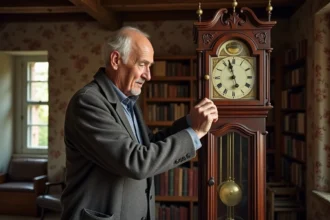 Homme age ajustant une horloge comtoise ancienne dans un salon chaleureux