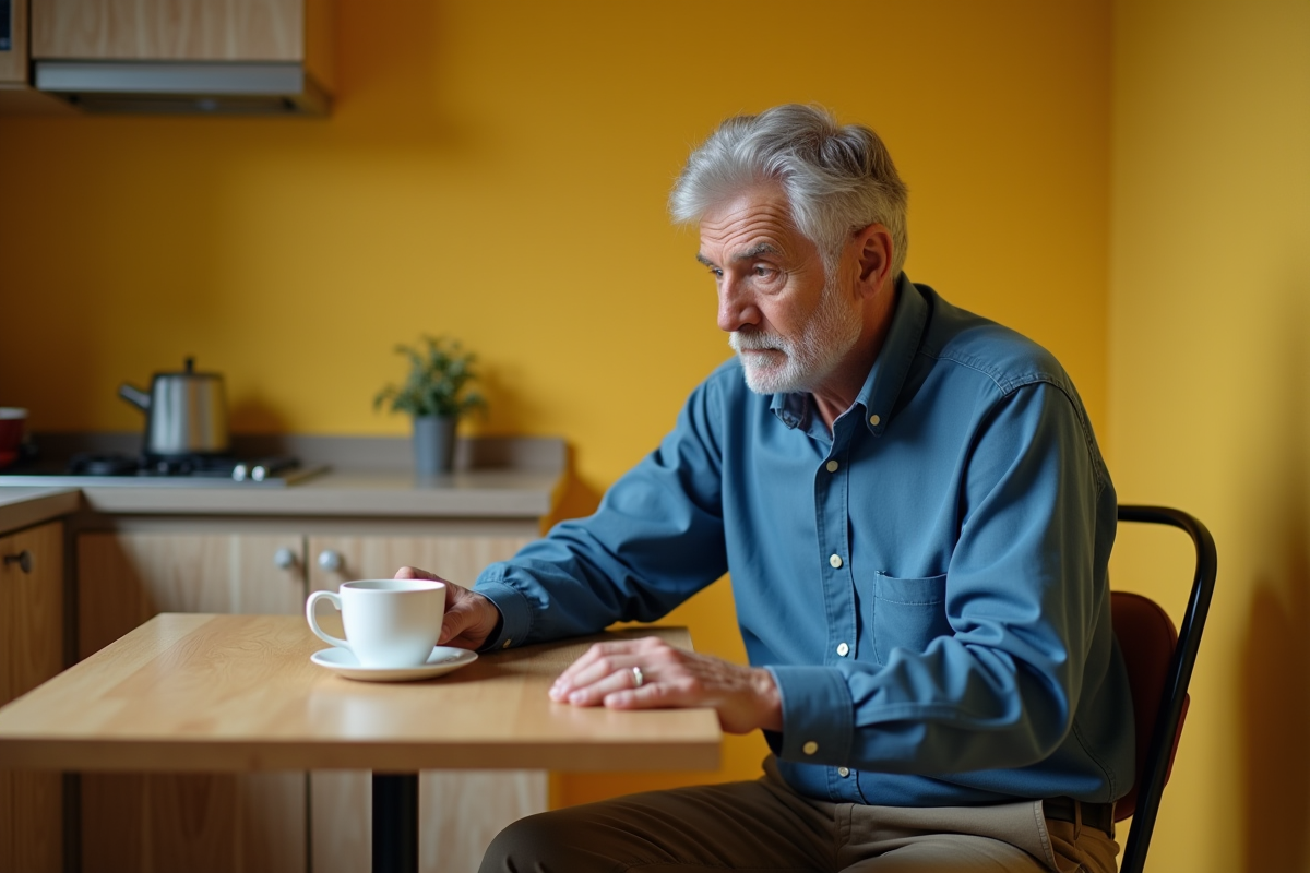 Homme age assis dans une cuisine aux murs jaunes vifs