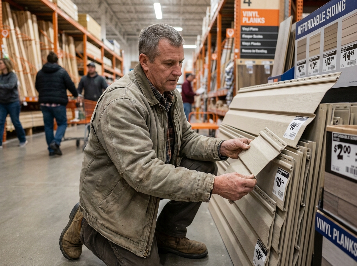Homme comparant des panneaux de siding en magasin