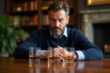 Homme moyenâgeux dégustant trois types de whisky dans une bibliothèque chaleureuse