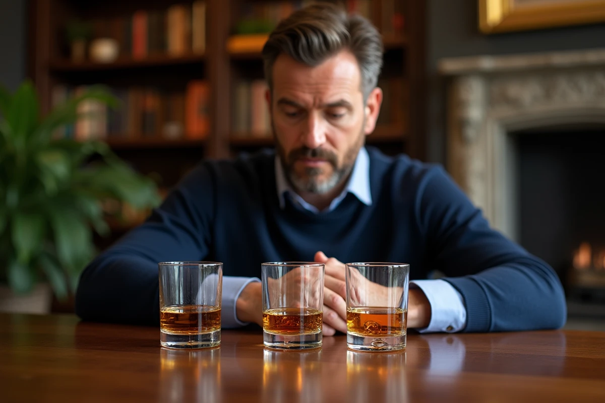 Homme moyenâgeux dégustant trois types de whisky dans une bibliothèque chaleureuse