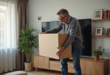 Homme en jeans et pull gris posant une grande télévision dans le salon