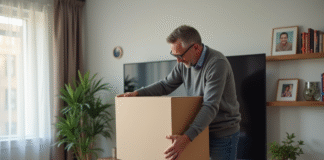 Homme en jeans et pull gris posant une grande télévision dans le salon