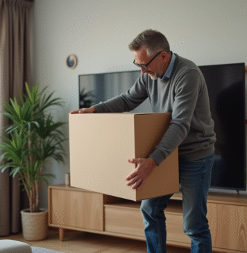 Homme en jeans et pull gris posant une grande télévision dans le salon