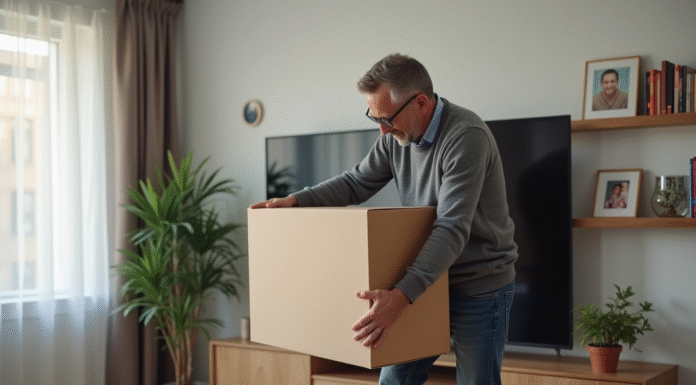 Homme en jeans et pull gris posant une grande télévision dans le salon