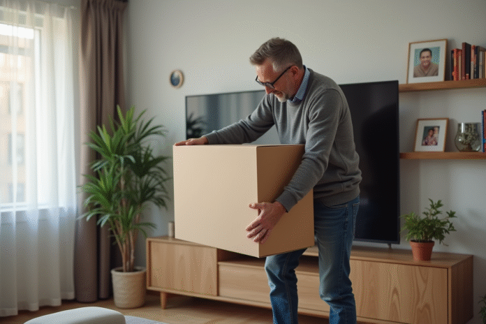Homme en jeans et pull gris posant une grande télévision dans le salon