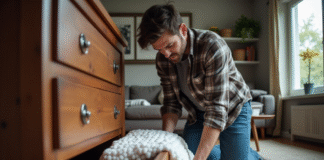 Meuble lourd : comment soulever seul un mobilier sans risques ? Homme en plaid glissant une couverture sous un meuble en bois