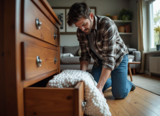 Homme en plaid glissant une couverture sous un meuble en bois