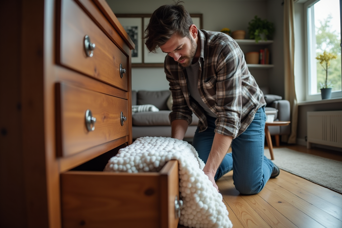 Homme en plaid glissant une couverture sous un meuble en bois