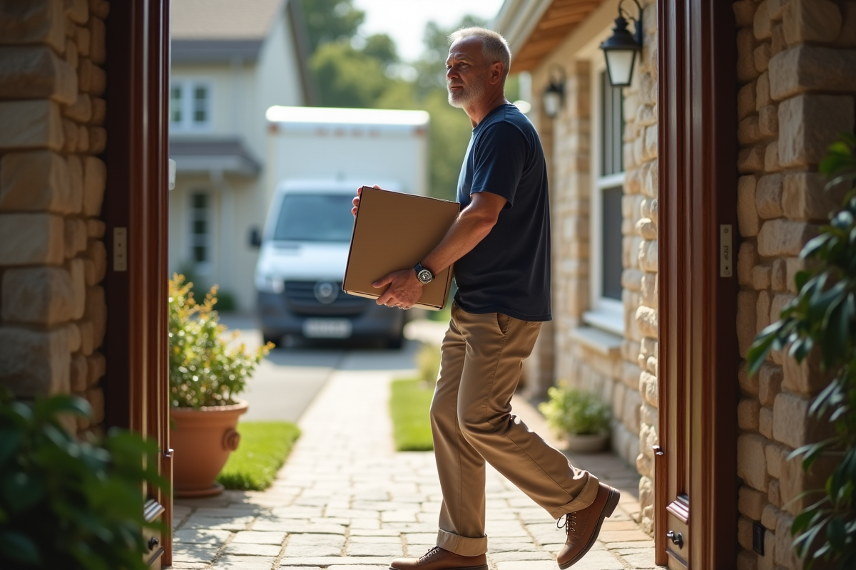 Homme portant une boîte devant une maison en transition