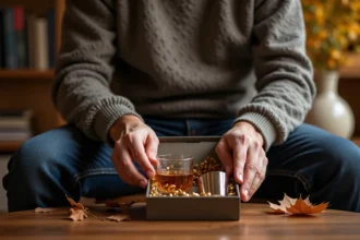 Homme ouvrant une boîte de whisky de luxe dans un salon chaleureux