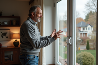 Homme vérifiant l'isolation d'une fenêtre double vitrage dans un salon moderne
