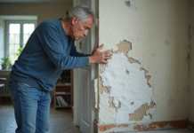 Homme d'âge moyen inspectant des dépôts de selpetre sur un mur intérieur