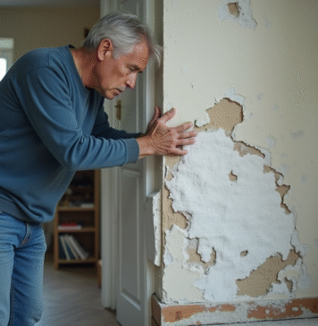 Homme d'âge moyen inspectant des dépôts de selpetre sur un mur intérieur