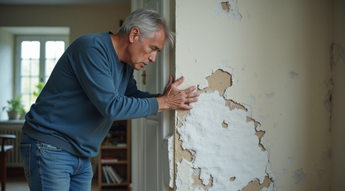 Homme d'âge moyen inspectant des dépôts de selpetre sur un mur intérieur