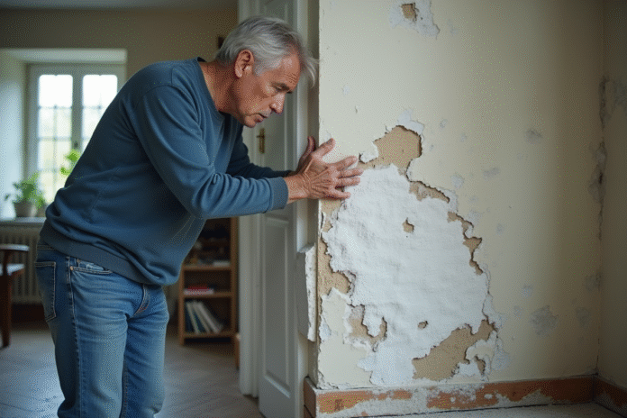 Homme d'âge moyen inspectant des dépôts de selpetre sur un mur intérieur