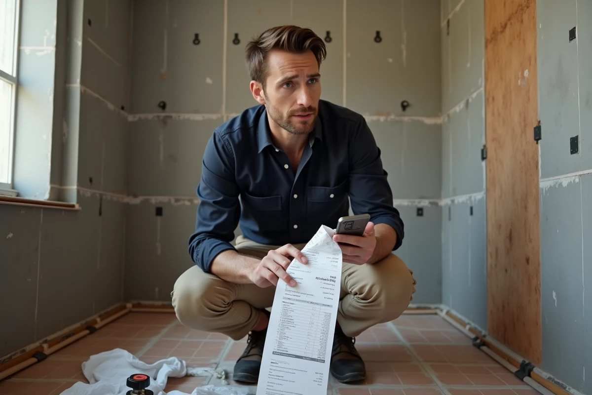 Homme consultant une application de budget sur smartphone face aux imprévus d'une rénovation de salle de bain en cours