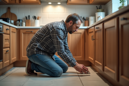 Homme d'âge moyen inspectant un meuble de cuisine