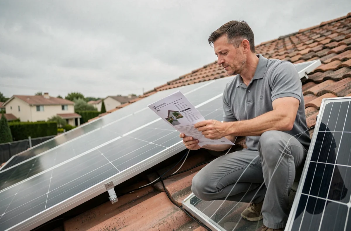 Homme inspectant un kit de panneaux solaires installé sur un toit de maison individuelle